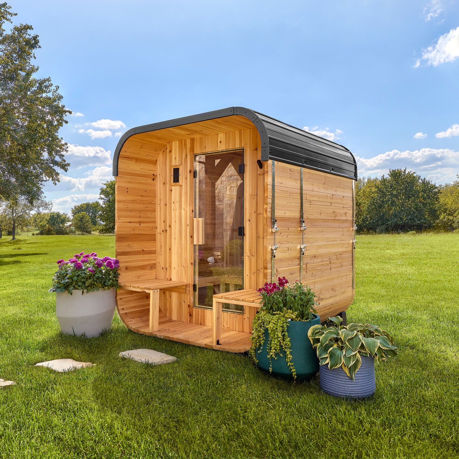 Lennon Outdoor Cube Sauna with Porch – 2–4 Person — Backyard Discovery cedar saunas