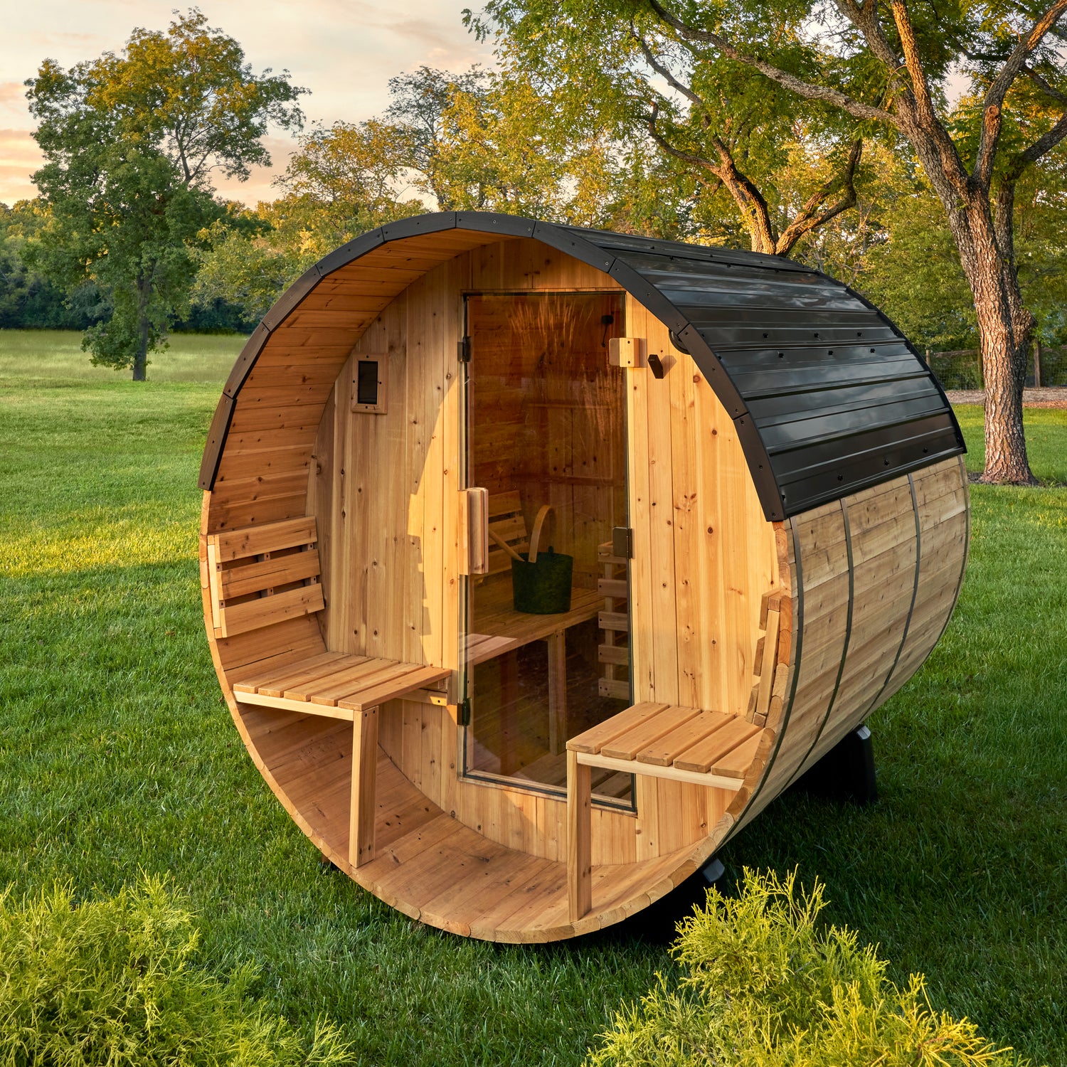 Paxton Outdoor Barrel Sauna with Porch – 2–4 Person — Backyard Discovery cedar saunas