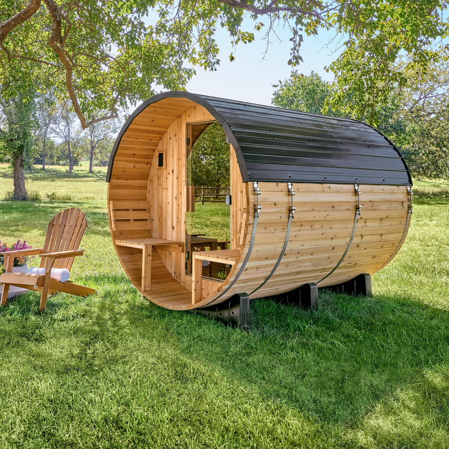 Paxton Outdoor Barrel Sauna with Porch – 4–6 Person — Backyard Discovery cedar saunas