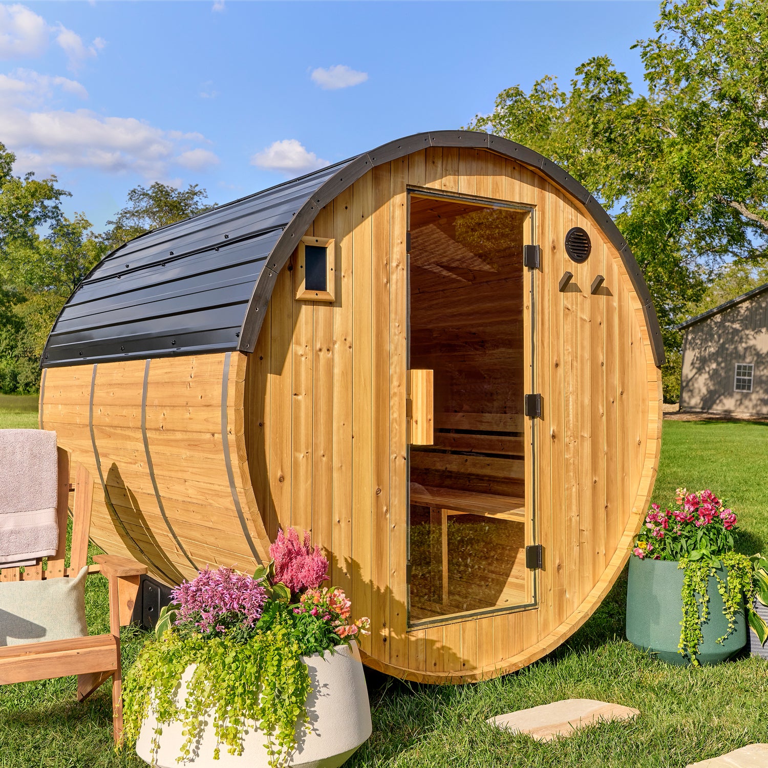 Paxton Outdoor Barrel Sauna – 4–6 Person — Backyard Discovery cedar saunas