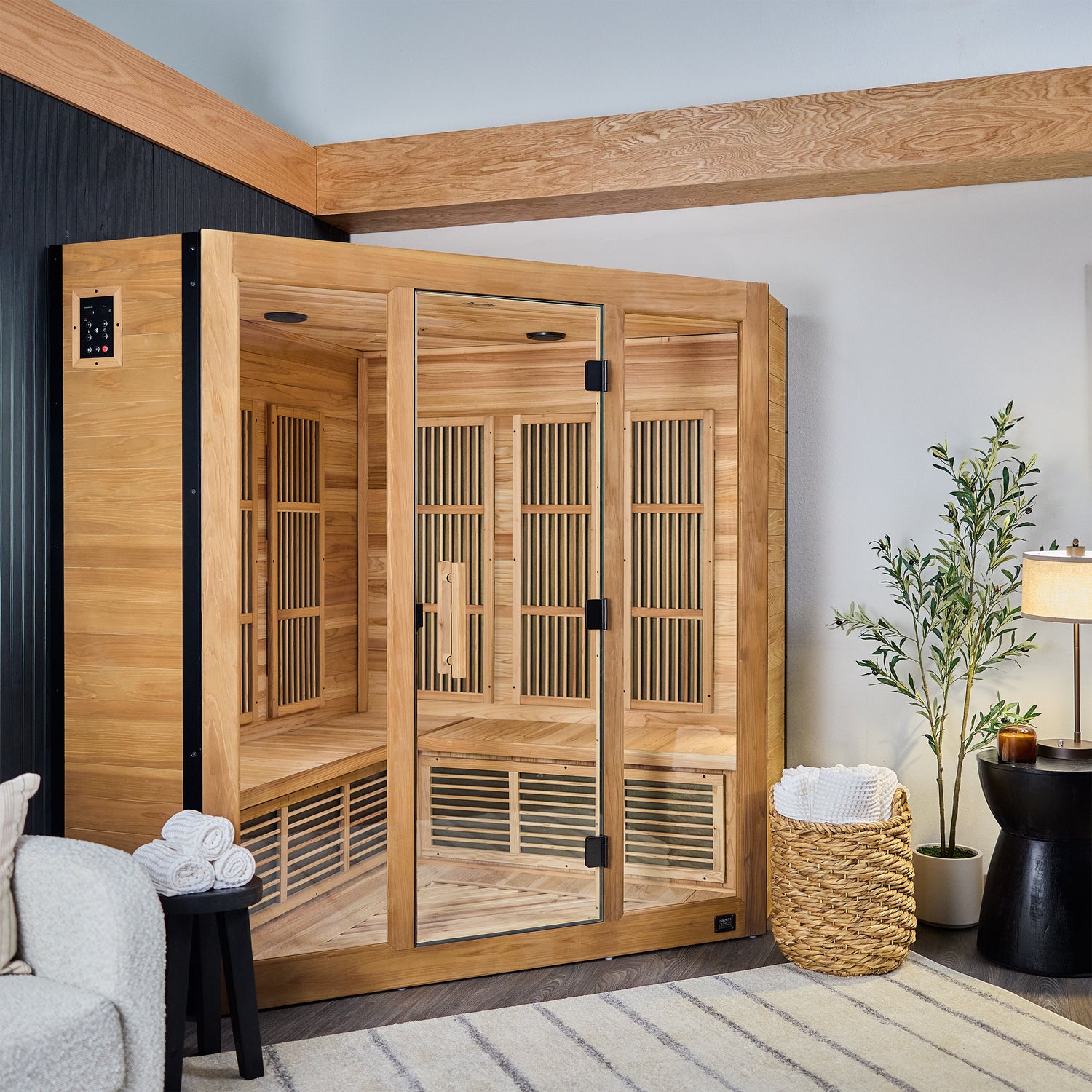 Rylan Indoor Infrared Corner Sauna – 4 Person — Backyard Discovery cedar saunas